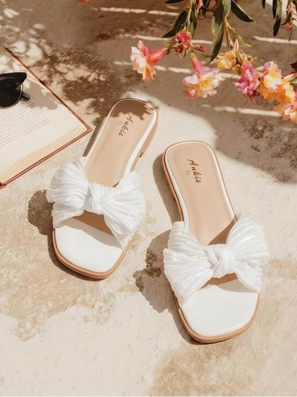 Ankle White Bow Slide Sandals by Ankle